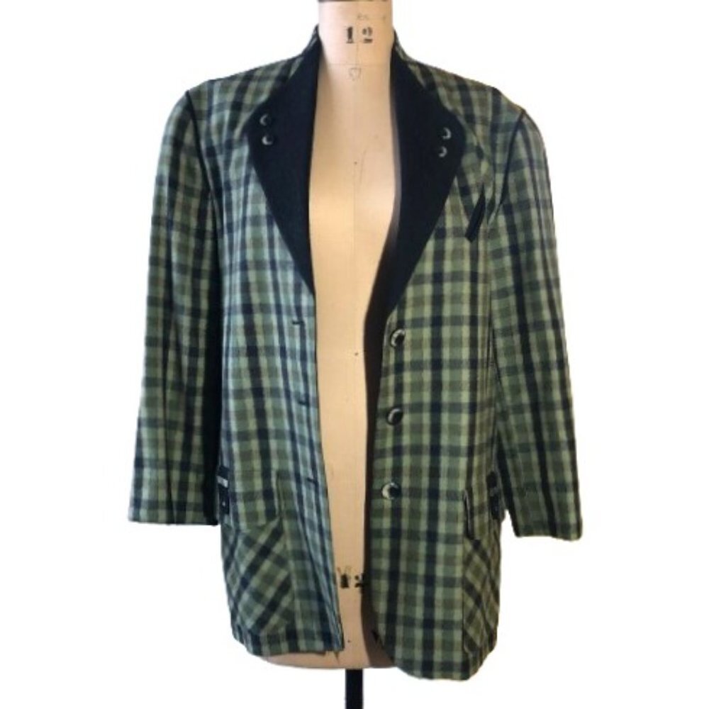 Vintage 90s wool checkered olive green and black blazer jacket, Plus size - Picture 9 of 16